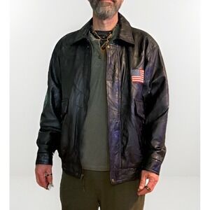 Vintage God Bless America USA Patchwork Black Leather Motorcycle Jacket Mens XL